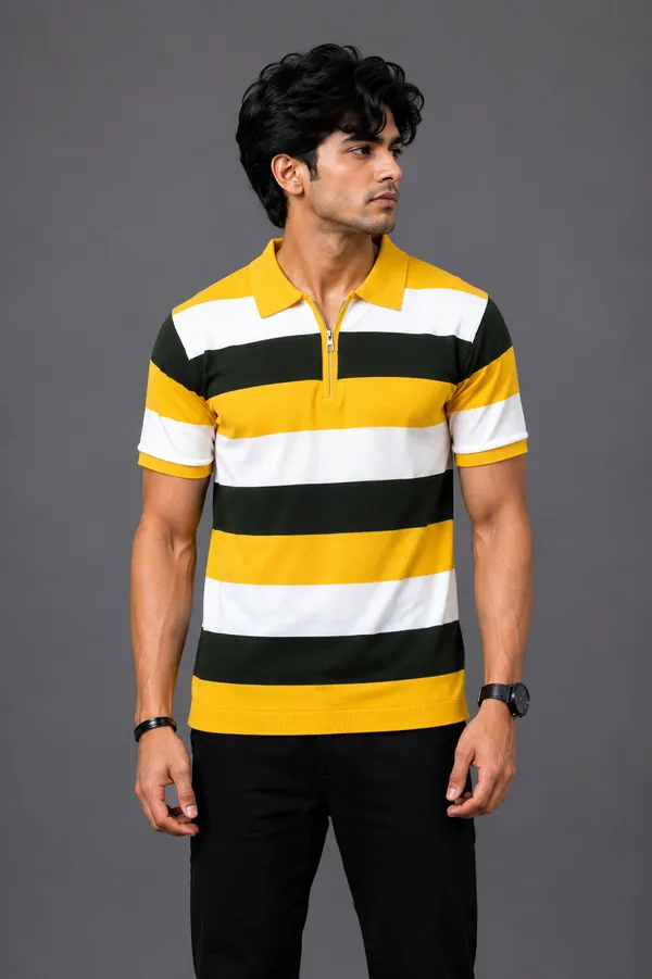 Yellow_green_White_Striped_Polo_Collar_T-Shirt_for_Men