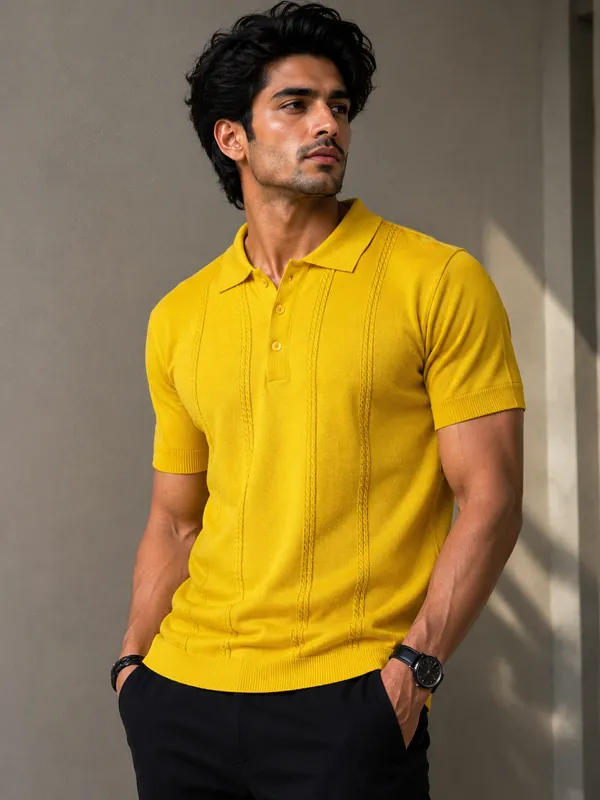 Yellow_Knit_Polo_T-Shirt_with_Cable_Stitch_Detail_for_Men