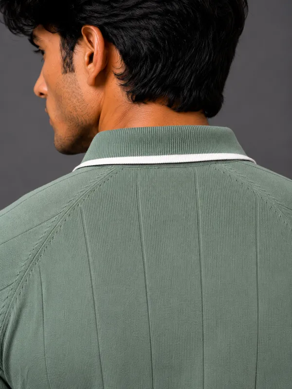 White_And_Sage_Green_Knitted_Polo_Collar_Short_Sleeve_T-Shirt_for_Men_|_Pack_Of_2