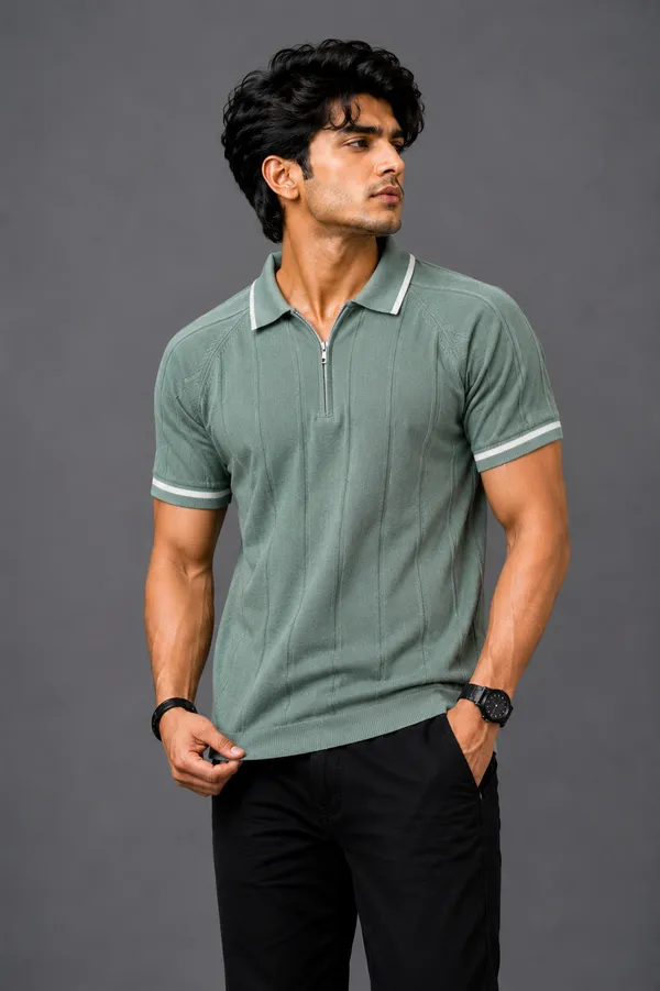 White_And_Sage_Green_Knitted_Polo_Collar_Short_Sleeve_T-Shirt_for_Men_|_Pack_Of_2