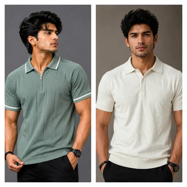 White_And_Sage_Green_Knitted_Polo_Collar_Short_Sleeve_T-Shirt_for_Men_|_Pack_Of_2