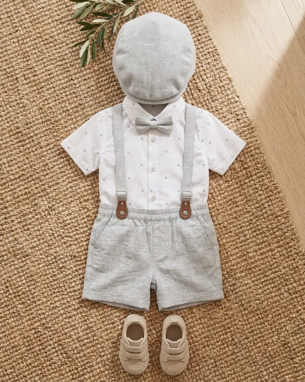 White_&_Light_Grey_Cotton_Bow_Tie_Suspender_Shirt_&_Shorts_Co-Ord_Set_For_Baby_Boys