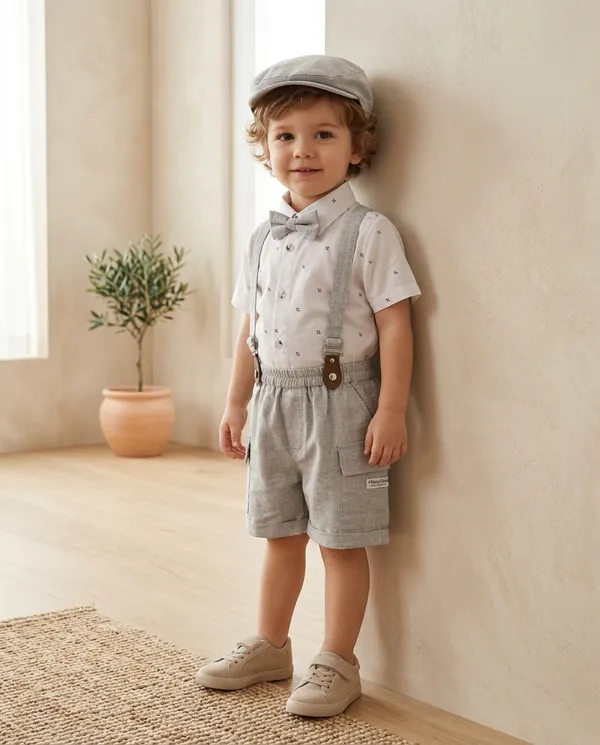 White_&_Light_Grey_Cotton_Bow_Tie_Suspender_Shirt_&_Shorts_Co-Ord_Set_For_Baby_Boys