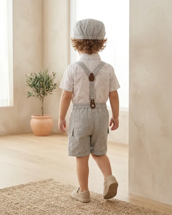 White_&_Light_Grey_Cotton_Bow_Tie_Suspender_Shirt_&_Shorts_Co-Ord_Set_For_Baby_Boys