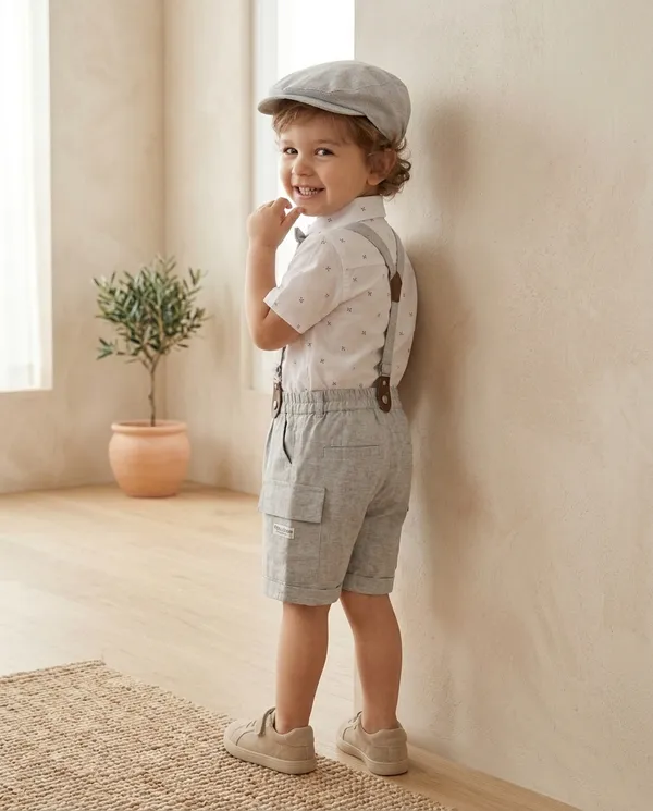 White_&_Light_Grey_Cotton_Bow_Tie_Suspender_Shirt_&_Shorts_Co-Ord_Set_For_Baby_Boys