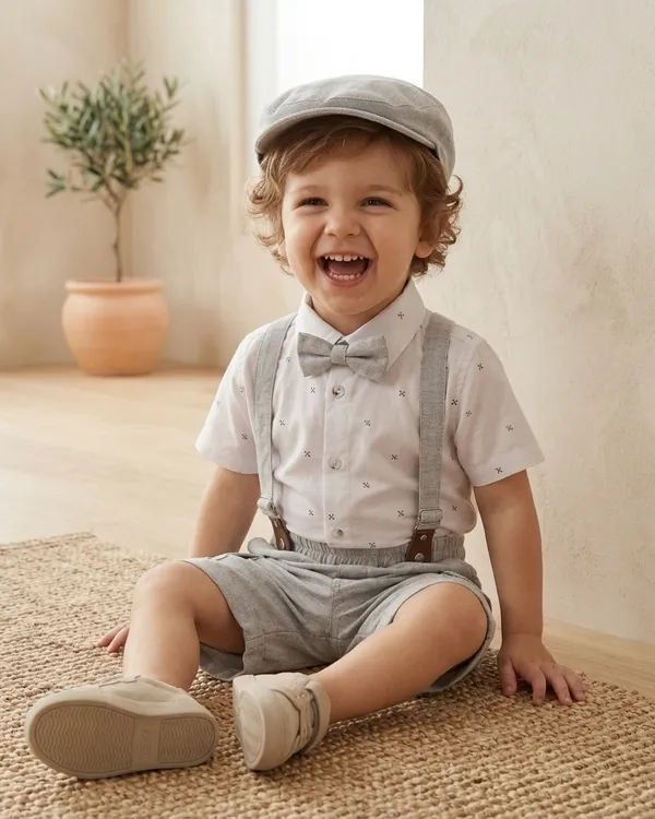 White_&_Light_Grey_Cotton_Bow_Tie_Suspender_Shirt_&_Shorts_Co-Ord_Set_For_Baby_Boys