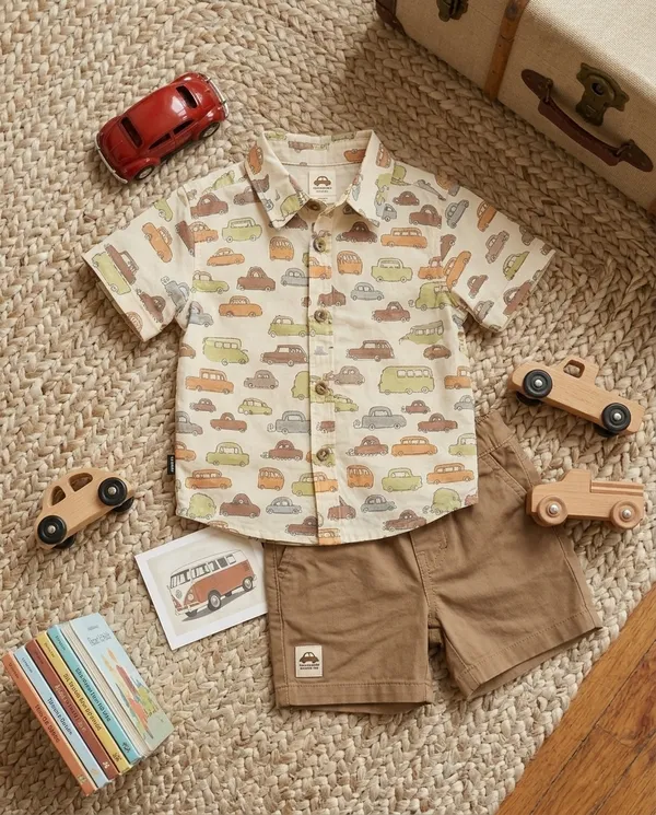 Beige_Camel_Cotton_Car_Printed_Shirt_Short_Co-Ord_Set_For_Baby_Boys