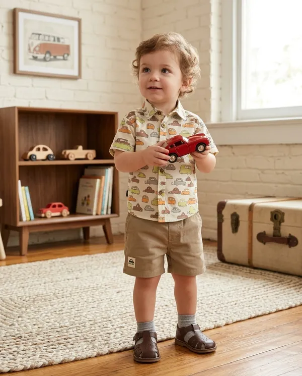 Beige_Camel_Cotton_Car_Printed_Shirt_Short_Co-Ord_Set_For_Baby_Boys