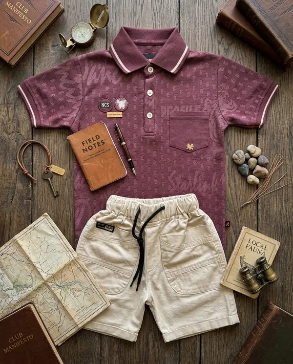 Mauve_&_Beige_Cotton_Textured_Polo_T-Shirt_&_Shorts_Co-Ord_Set_For_Baby_Boys