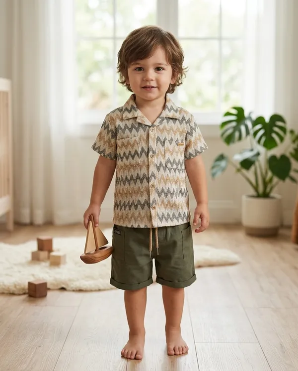 Cream_&_Olive_Green_Cotton_Zigzag_Shirt_&_Shorts_Co-Ord_Set_For_Baby_Boys
