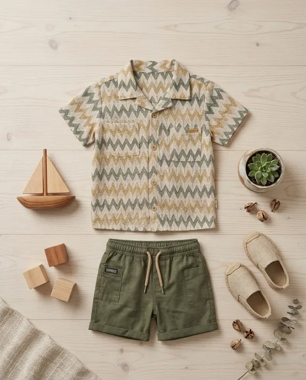 Cream_&_Olive_Green_Cotton_Zigzag_Shirt_&_Shorts_Co-Ord_Set_For_Baby_Boys