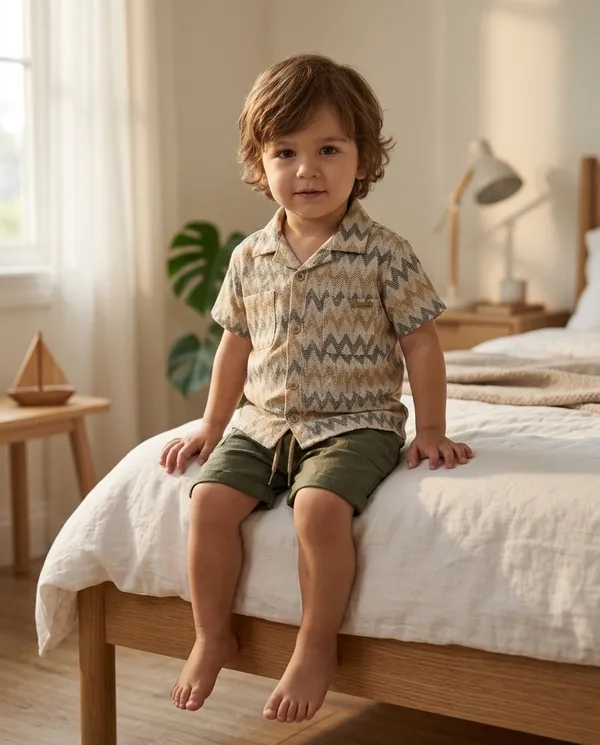 Cream_&_Olive_Green_Cotton_Zigzag_Shirt_&_Shorts_Co-Ord_Set_For_Baby_Boys