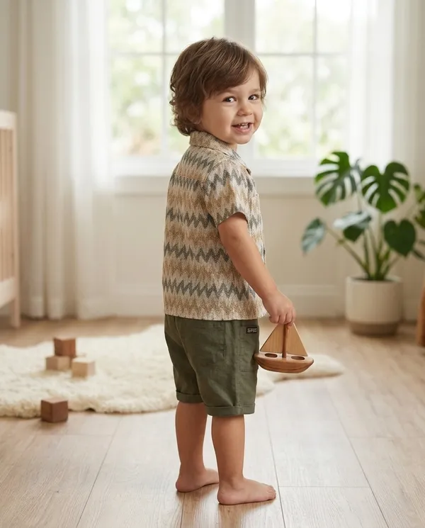 Cream_&_Olive_Green_Cotton_Zigzag_Shirt_&_Shorts_Co-Ord_Set_For_Baby_Boys