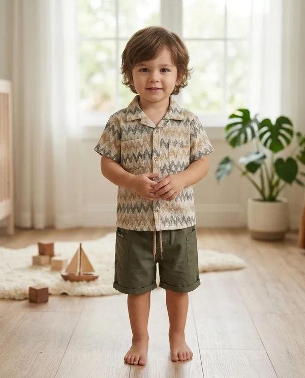 Cream_&_Olive_Green_Cotton_Zigzag_Shirt_&_Shorts_Co-Ord_Set_For_Baby_Boys