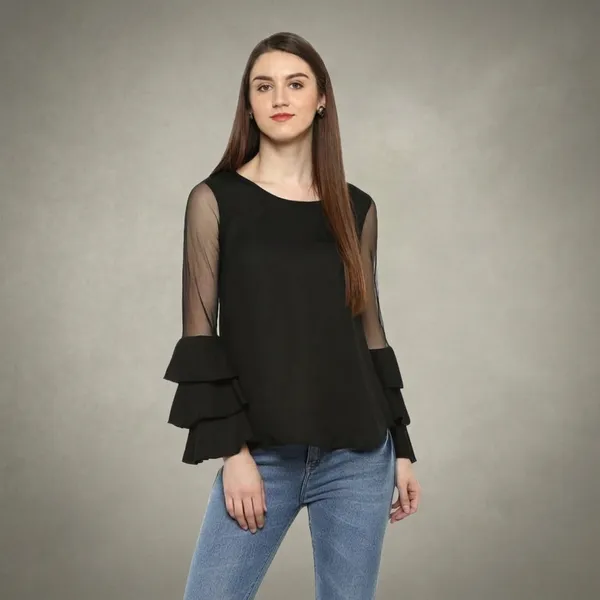 Black_Cotton_Premium_Tier_Sleeve_Top_For_Women