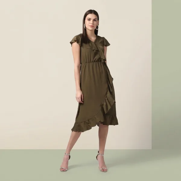 Olive_Cotton_Premium_Ruffled_Knee_Length_Dress_For_Women