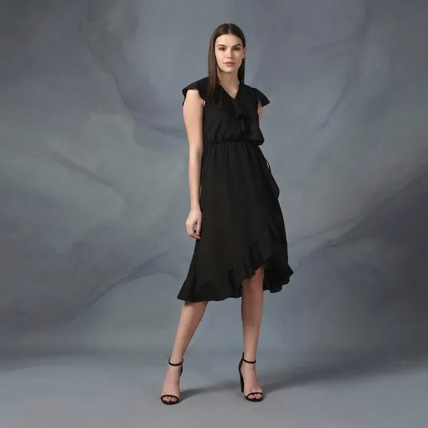 Black_Cotton_Premium_Ruffled_Knee_Length_Dress_For_Women