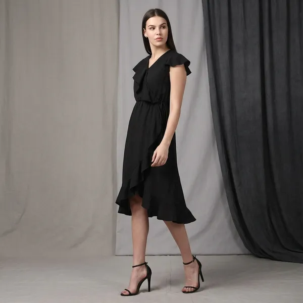 Black_Cotton_Premium_Ruffled_Knee_Length_Dress_For_Women