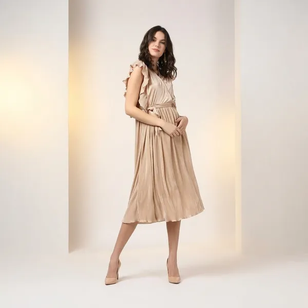 Champagnegold_Cotton_Premium_Pleated_Dress_For_Women