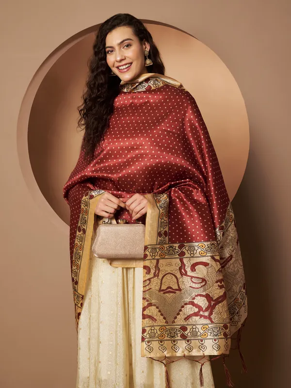 Maroon_And_Cream_Poly_Silk_Fancy_Dupatta_For_Women