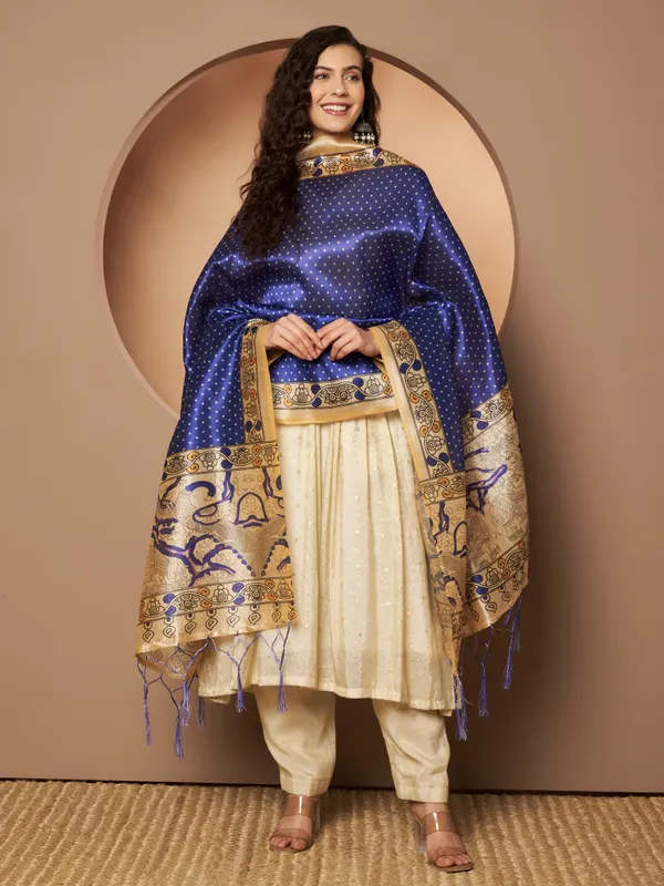 Royal_Blue_And_Cream_Poly_Silk_Fancy_Dupatta_For_Women