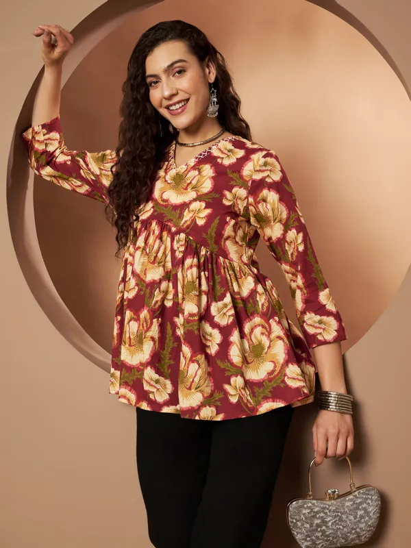 Maroon_Cotton_Fancy_Tunic_Kurti_For_Women