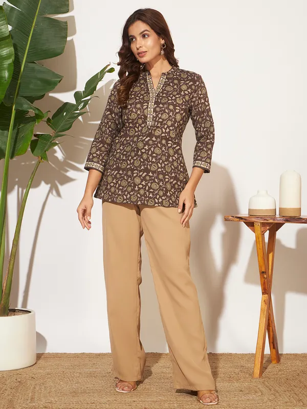 Brown_Cotton_Fancy_Tunic_Kurti_For_Women