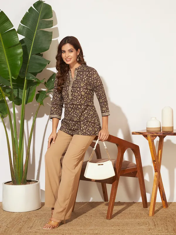 Brown_Cotton_Fancy_Tunic_Kurti_For_Women