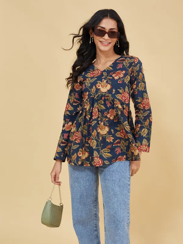 Navy_Blue_Cotton_Fancy_Tunic_Kurti_For_Women