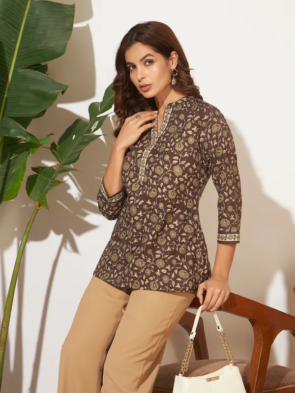 Brown_Cotton_Fancy_Tunic_Kurti_For_Women