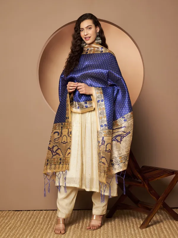 Royal_Blue_And_Cream_Poly_Silk_Fancy_Dupatta_For_Women