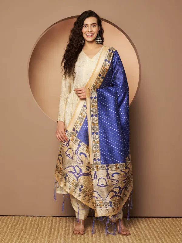 Royal_Blue_And_Cream_Poly_Silk_Fancy_Dupatta_For_Women