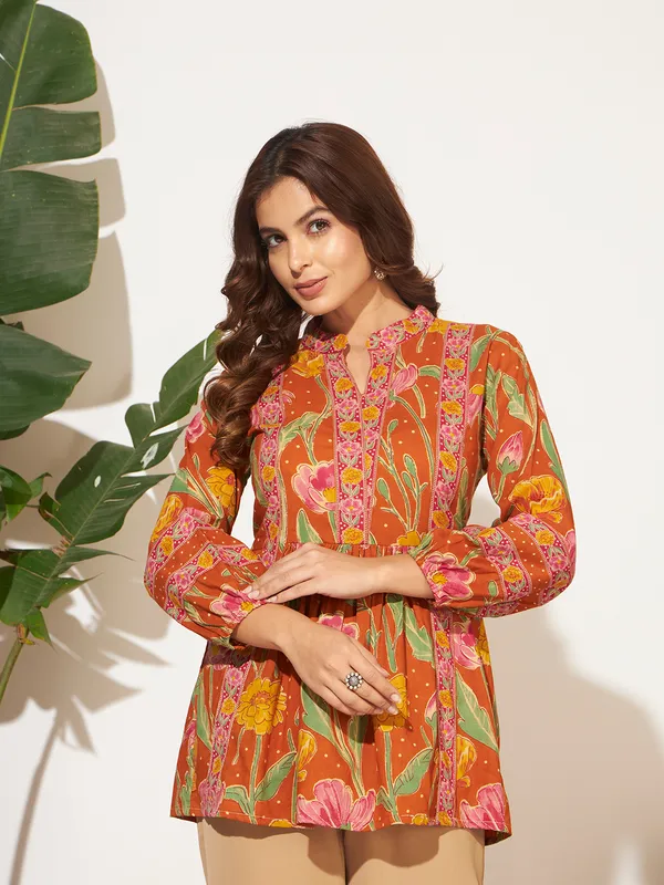 Rust_Orange_Cotton_Fancy_Tunic_Kurti_For_Women