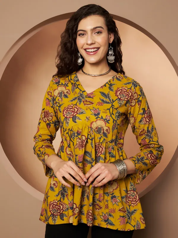 Mustard_Yellow_Cotton_Fancy_Tunic_Kurti_For_Women