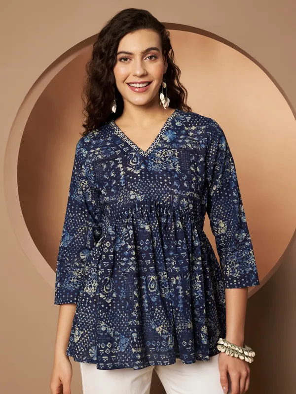 Navy_Blue_Cotton_Fancy_Tunic_Kurti_For_Women