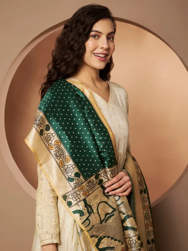 Cream_And_Green_Poly_Silk_Fancy_Dupatta_For_Women