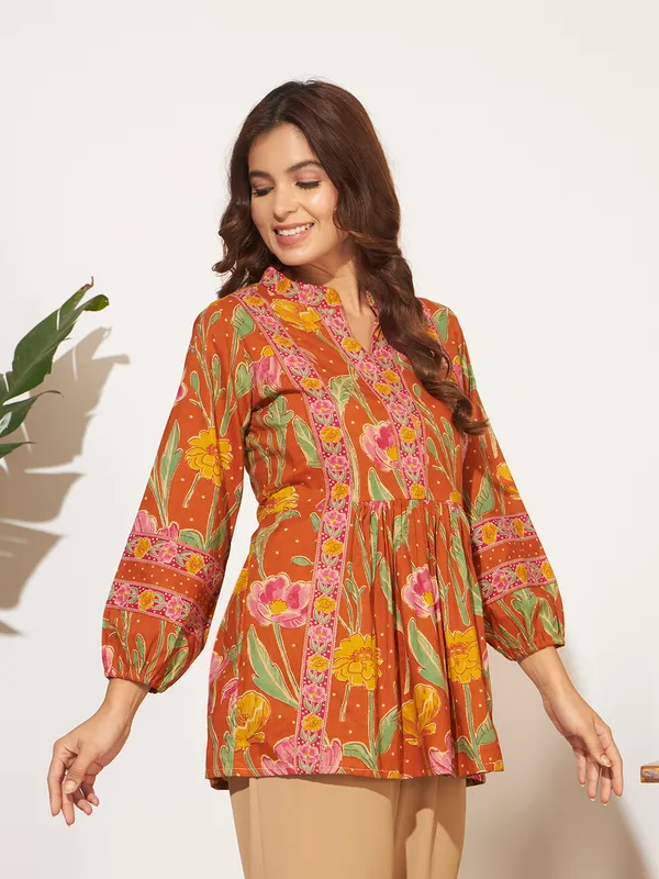 Rust_Orange_Cotton_Fancy_Tunic_Kurti_For_Women