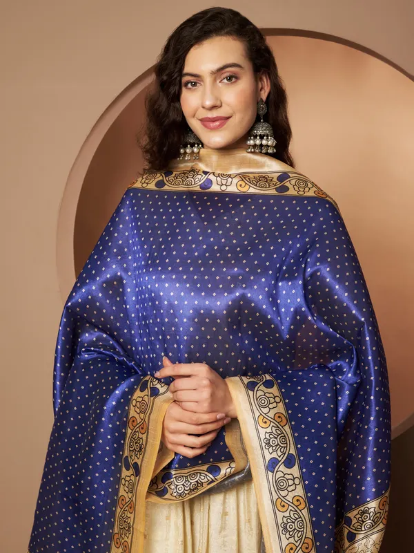 Royal_Blue_And_Cream_Poly_Silk_Fancy_Dupatta_For_Women