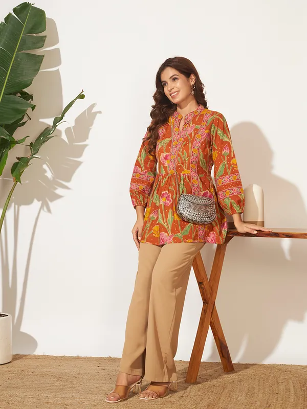 Rust_Orange_Cotton_Fancy_Tunic_Kurti_For_Women