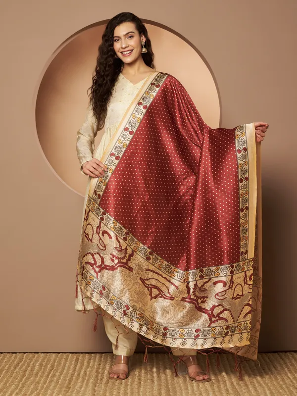 Maroon_And_Cream_Poly_Silk_Fancy_Dupatta_For_Women