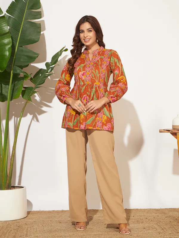 Rust_Orange_Cotton_Fancy_Tunic_Kurti_For_Women