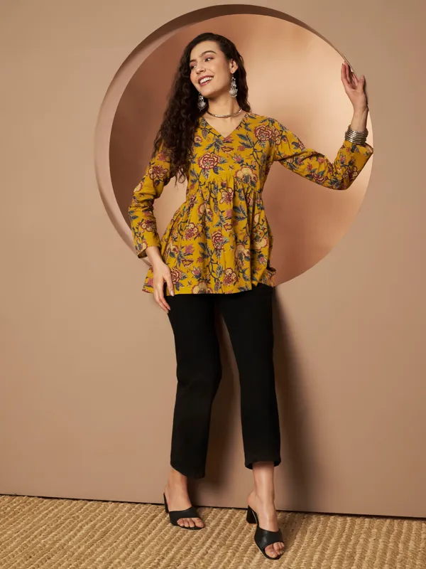 Mustard_Yellow_Cotton_Fancy_Tunic_Kurti_For_Women