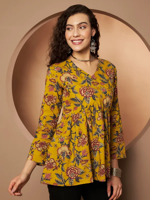 Mustard_Yellow_Cotton_Fancy_Tunic_Kurti_For_Women