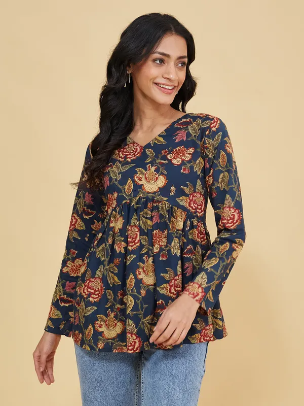 Navy_Blue_Cotton_Fancy_Tunic_Kurti_For_Women