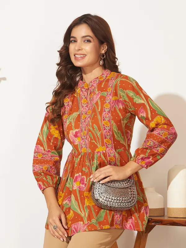 Rust_Orange_Cotton_Fancy_Tunic_Kurti_For_Women