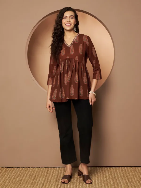 Brown_Cotton_Fancy_Tunic_Kurti_For_Women