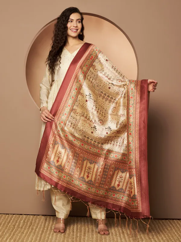 Beige_And_Maroon_Silk_Fancy_Dupatta_For_Women