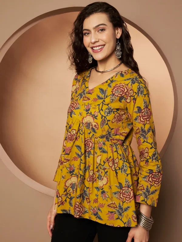 Mustard_Yellow_Cotton_Fancy_Tunic_Kurti_For_Women