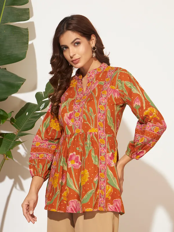Rust_Orange_Cotton_Fancy_Tunic_Kurti_For_Women
