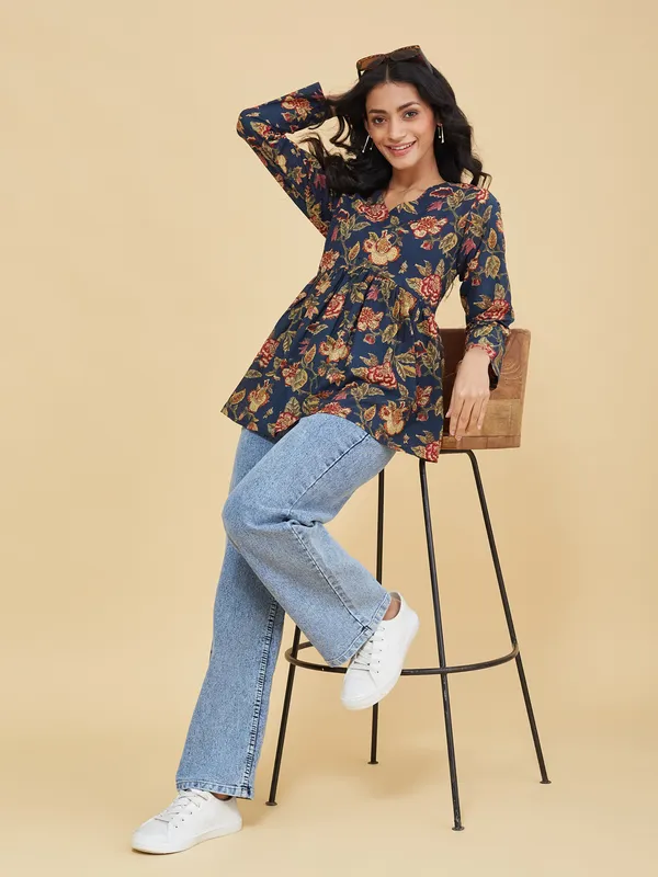 Navy_Blue_Cotton_Fancy_Tunic_Kurti_For_Women